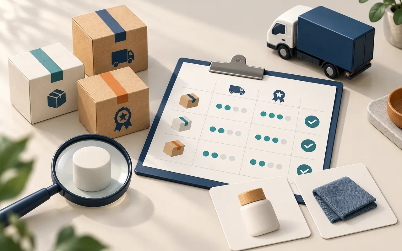 Illustration of supplier sample cartons beside a comparison clipboard, a model lorry and a quality-check magnifier.