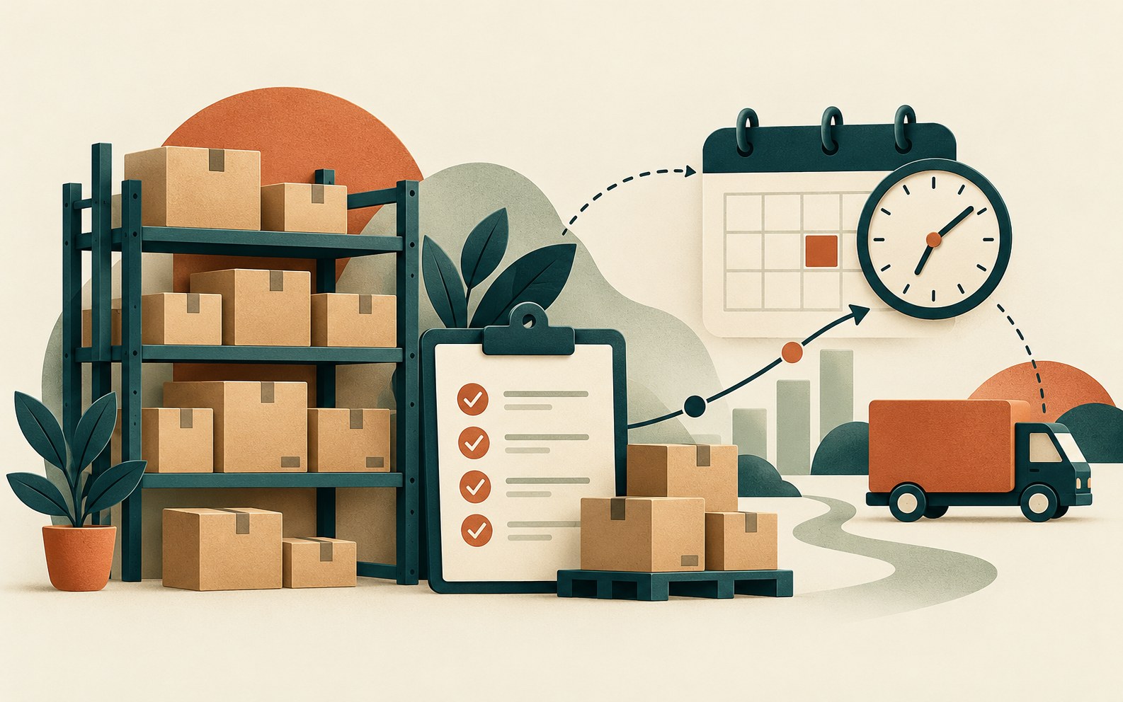 Illustration of stocked warehouse shelves, a checklist, calendar, clock and delivery truck representing inventory replenishment planning.