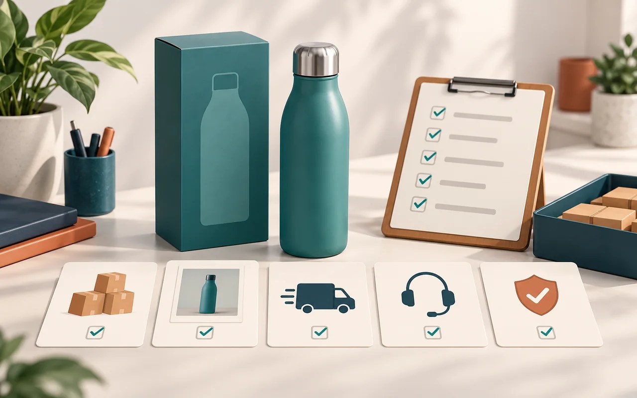 Illustration of a teal bottle and retail box beside readiness cards for stock, product images, delivery, support and quality.
