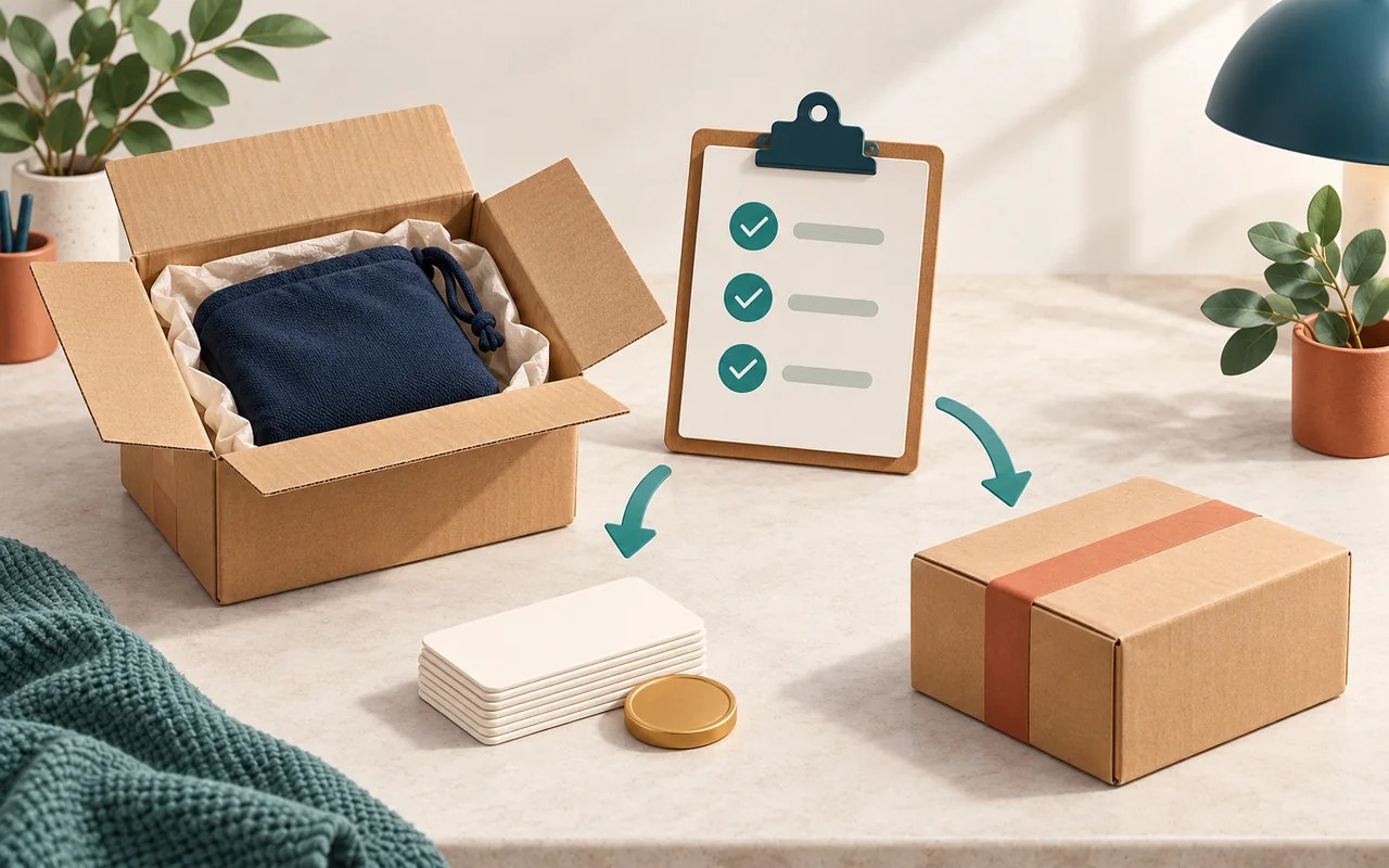 Illustration of an open return parcel, a checking clipboard, refund cards and a sealed replacement parcel.