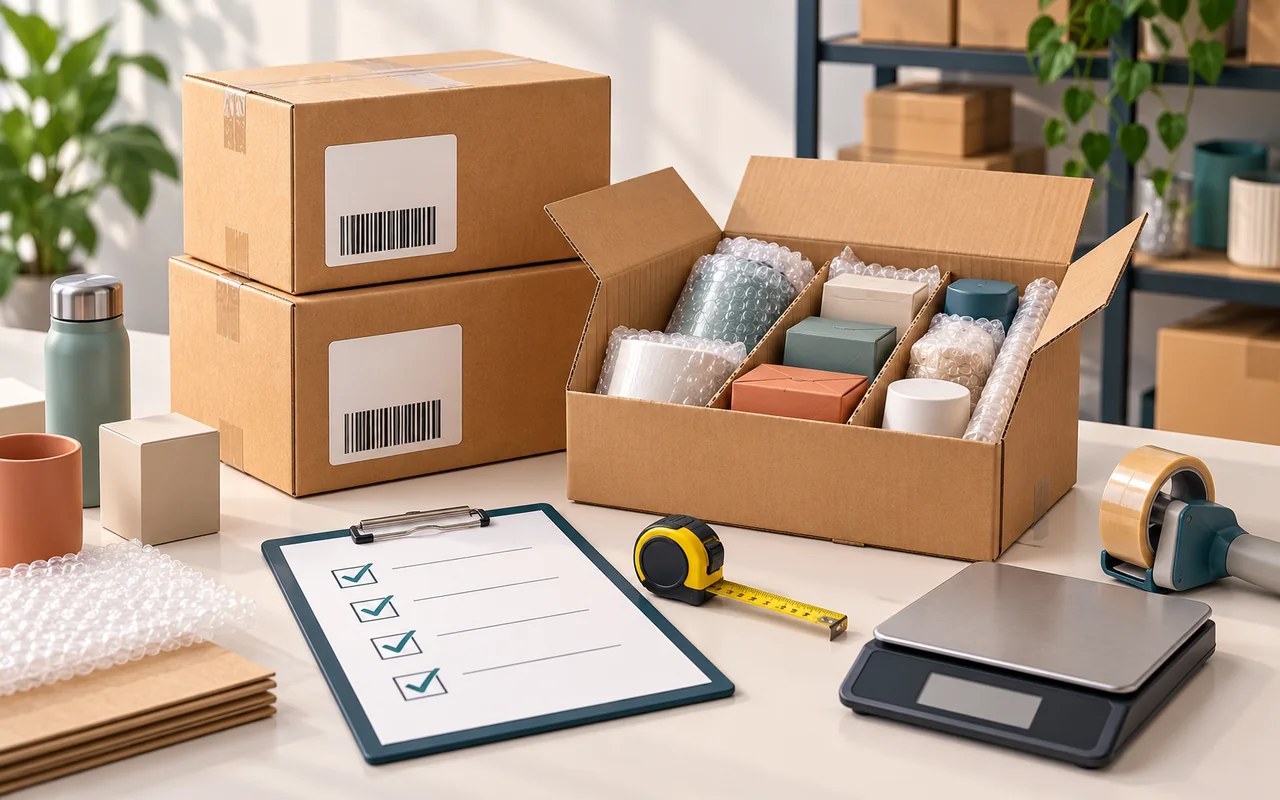 Illustration of labelled shipping cartons, protected products, a packing checklist, measuring tape and a weighing scale.