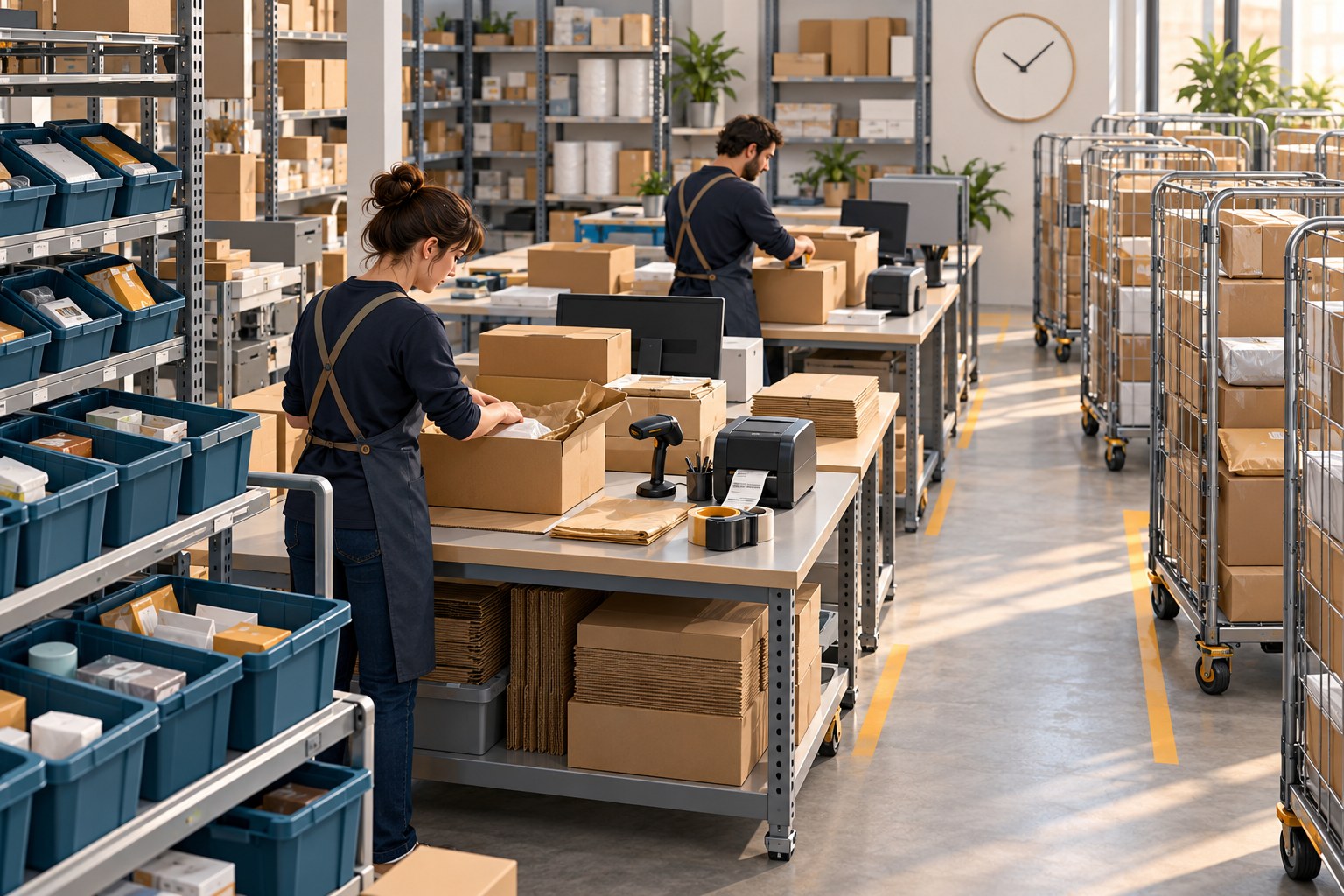 Editorial illustration of two workers packing e-commerce orders beside barcode equipment, organised dispatch cages and a wall clock.