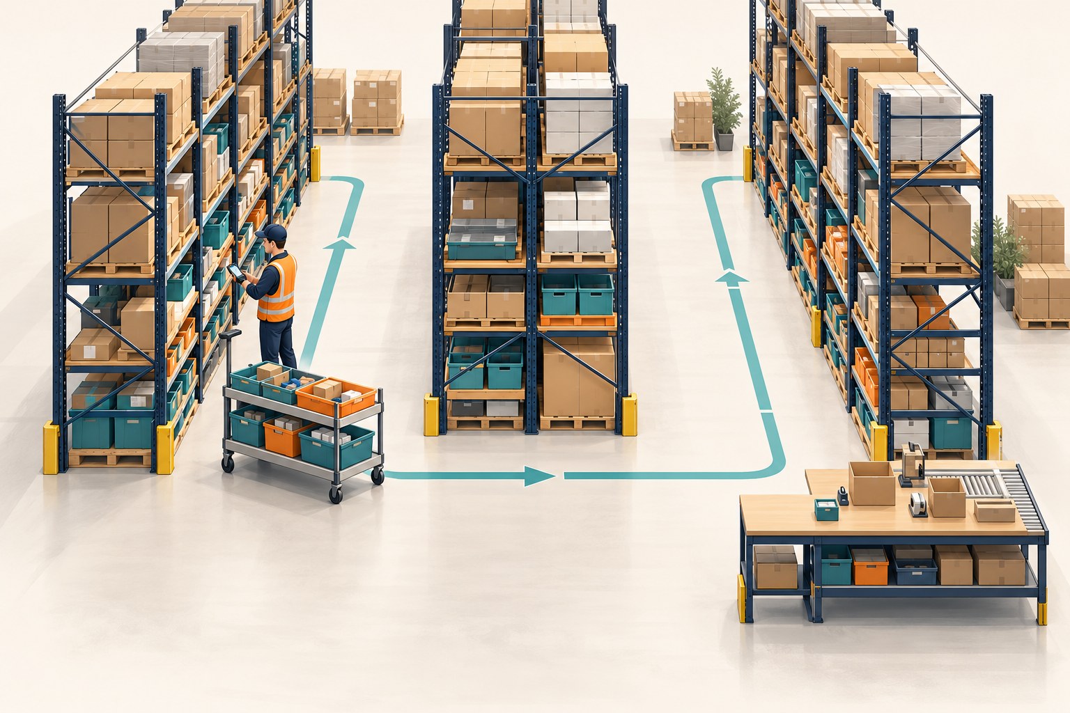 Editorial illustration of warehouse picking zones, a worker with a barcode scanner, a multi-bin trolley and an order consolidation bench.
