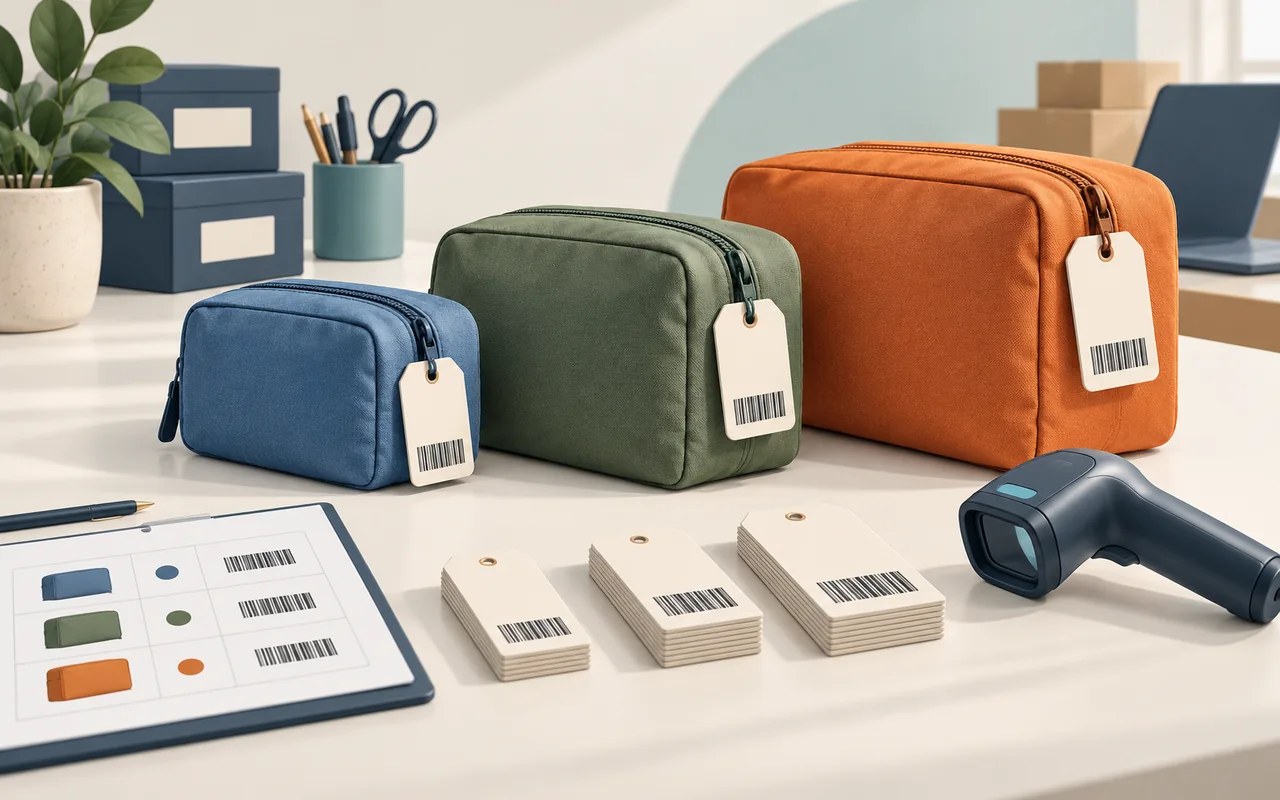 Illustration of blue, green and orange pouches with barcode tags beside a scanner and an inventory checklist.