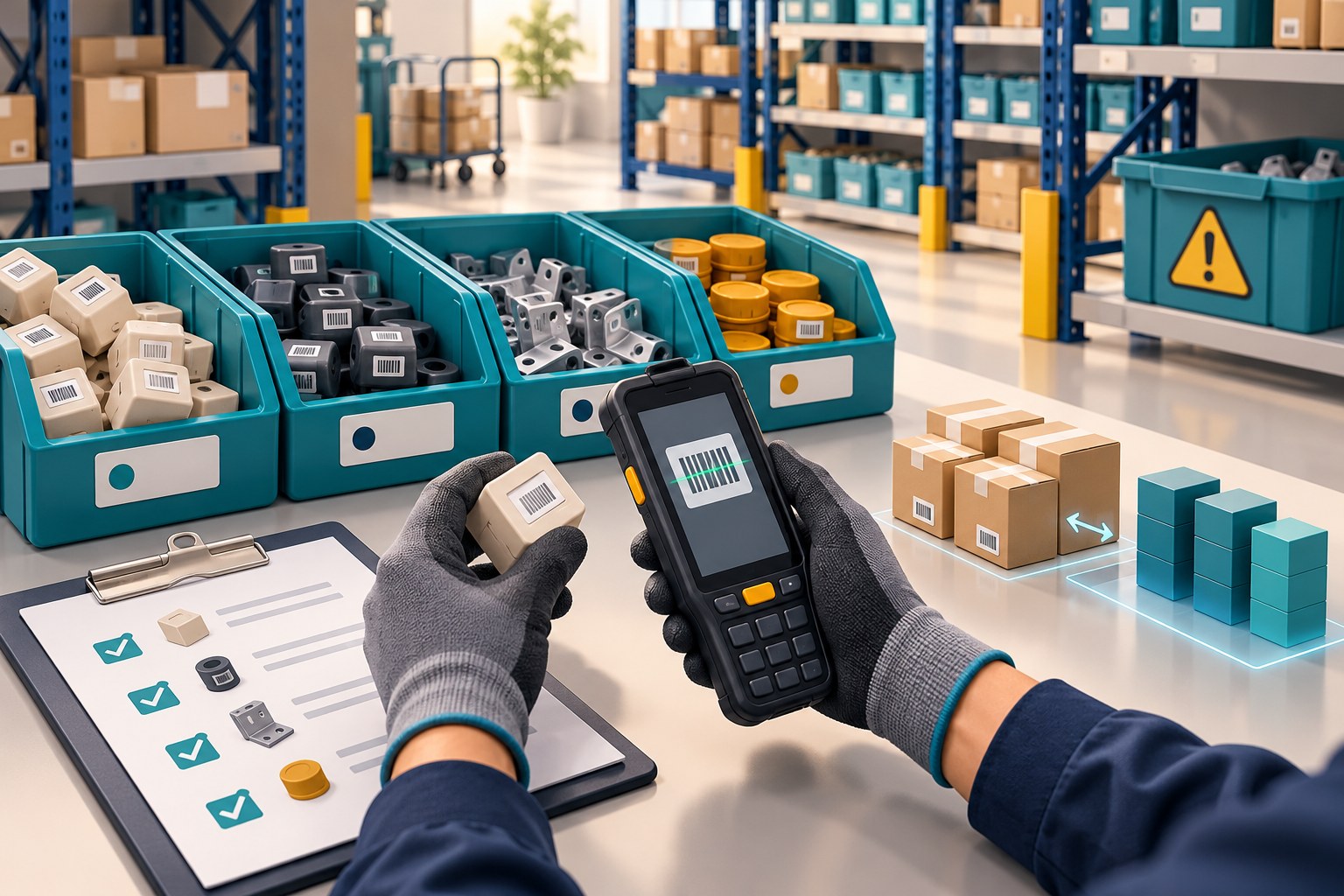 Editorial illustration of gloved hands scanning a product barcode beside sorted stock bins, a counting checklist and a separate quarantine bin.