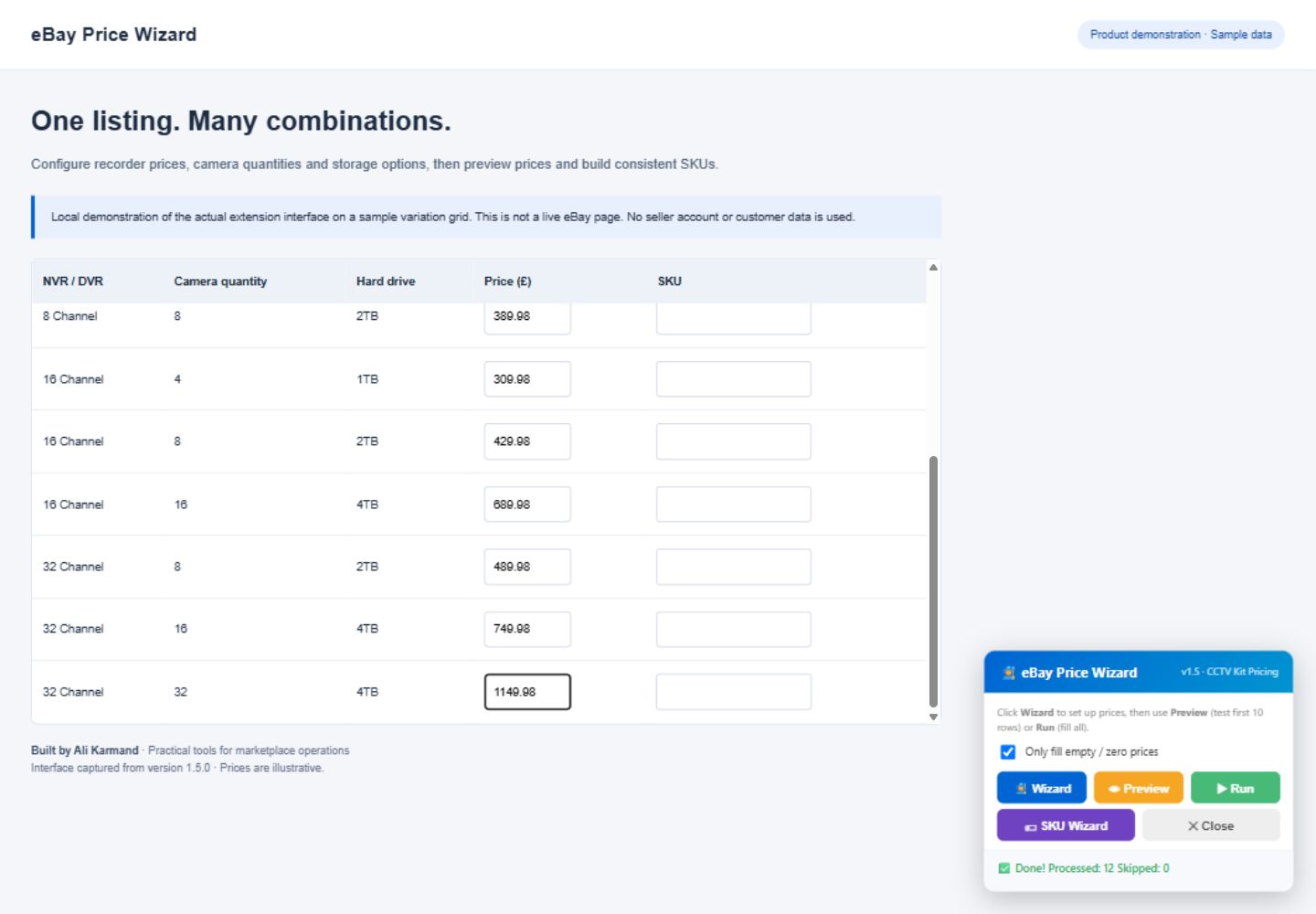 eBay Price Wizard filling prices on a sample variation grid